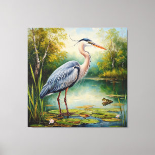 Graceful Heron in a Serene Pond Amid Lush Greenery Canvas Print
