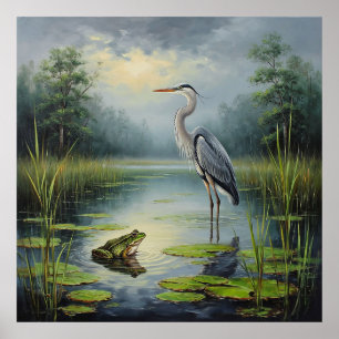 Graceful Heron in a Serene Pond Amid Lush Greenery Poster