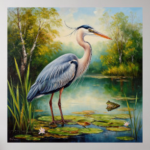 Graceful Heron in a Serene Pond Amid Lush Greenery Poster