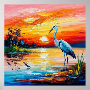 Graceful Heron in a Serene Pond Poster