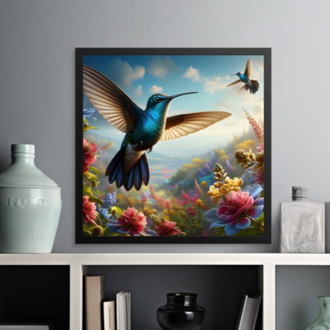 Graceful Hummingbird Flying Over Flower Field Poster (Creator Uploaded)