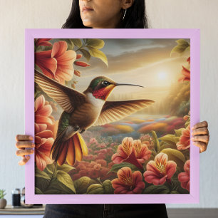 Graceful Hummingbird Soaring Above Blooming Flower Poster