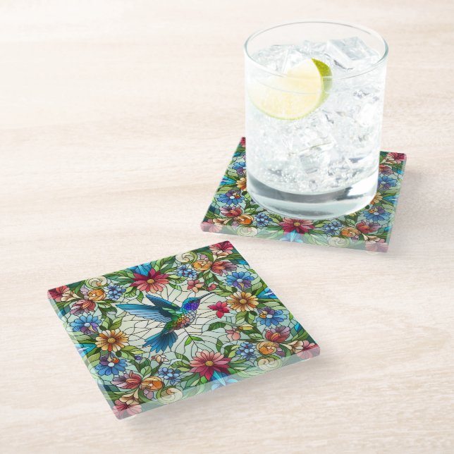 Graceful Hummingbird with Stained Glass Effect Coaster (Angled)