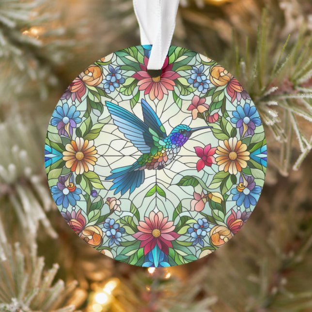 Graceful Hummingbird with Stained Glass Effect Ornament (Tree)