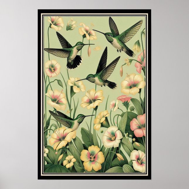 Graceful Hummingbirds Among Golden Lilies Poster (Front)