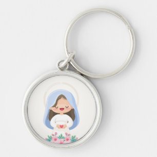 Graceful Kawaii Virgin Mary Holding Heart – White Key Ring