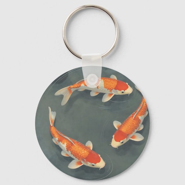 Graceful Koi Fish Pond Serenity Design Key Ring (Front)