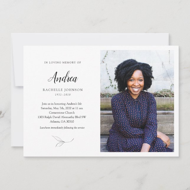 Graceful Leaves Memorial Invitation with Photo (Front)
