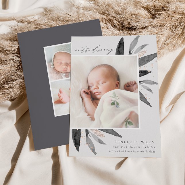 Graceful Leaves Rose Gold Foil Birth Announcement (Creator Uploaded)