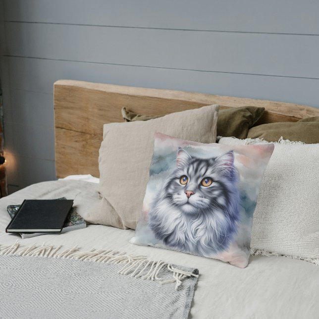Graceful long haired cat in watercolor cushion (Creator Uploaded)
