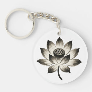 Graceful Lotus – Ink Brush Flower on  Key Ring