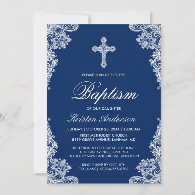Graceful Navy Blue Lace Cross Baptism Photo Invite (Front)