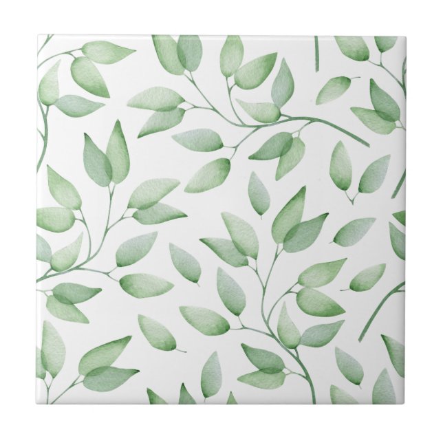 Graceful Pale Green Leaves Seamless Ceramic Tile (Front)