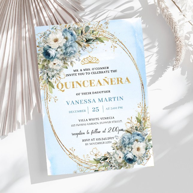 Graceful Pastel Blue Gold Eucalyptus Quinceañera   Invitation (Graceful Pastel Blue Gold Eucalyptus Quinceañera Invite

)