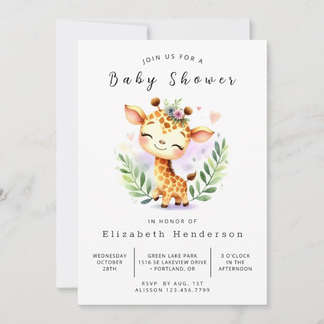 Graceful Printable Giraffe Baby Shower Invitation (Front)