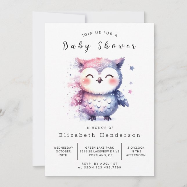 Graceful Printable Owl Baby Shower Invitation (Front)