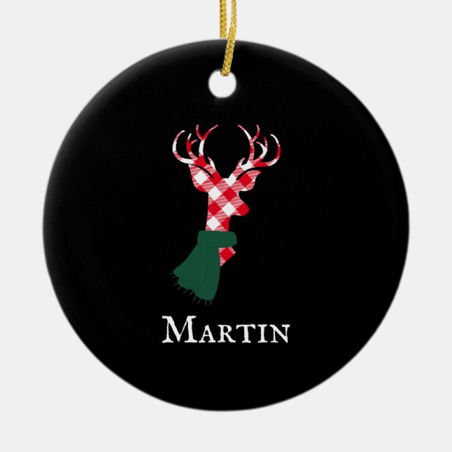 Graceful Reindeer Red Plaid Personalised Name Ceramic Tree Decoration (Front)