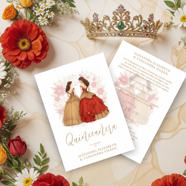 Graceful Romantic Spanish Quinceañera Twins  Invitation (Graceful Romantic Spanish Quinceañera Twins Red and Gold Invitations Cards.)
