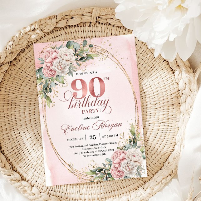 Graceful Rose Gold Eucalyptus 90th Birthday Invite (Graceful Rose Gold Eucalyptus 90th Birthday Invitation)