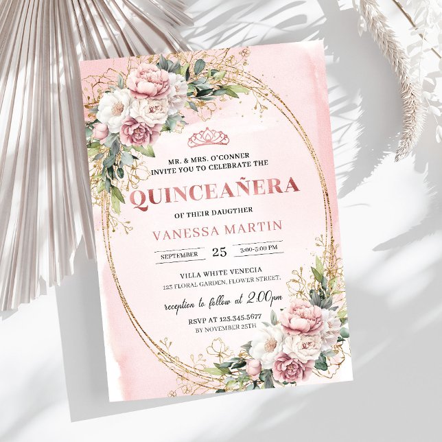 Graceful Rose Gold Floral Greenery Quinceanera  Invitation (Graceful Rose Gold Floral Greenery Quinceañera Invitation

)