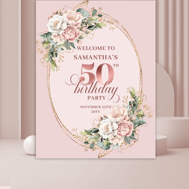Graceful Rose Gold Greenery 50th Birthday Celebrat Tapestry (Graceful Rose Gold Greenery 50th Birthday Celebration Banner

)