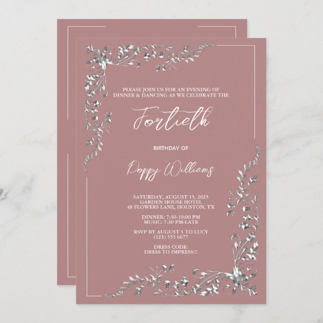 Graceful Stylish Silver Decoration Birthday Party Invitation (Front/Back)