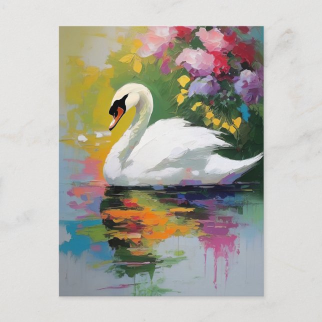 Graceful Swan Amidst Vibrant Blossoms Postcard (Front)