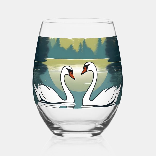 Graceful Swan Couple Stemless Wine Glass (Front)