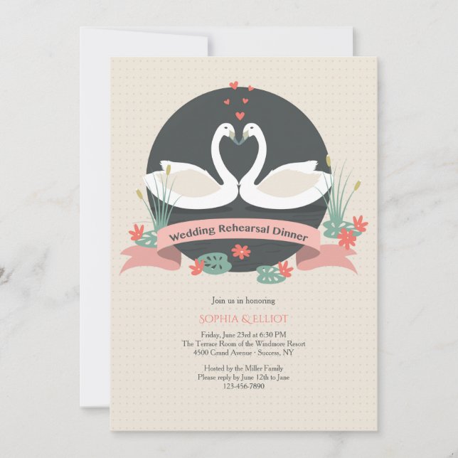 Graceful Swans Wedding Rehearsal Dinner Invitation (Front)