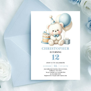 Graceful teddy bear blue balloons boy birthday  invitation