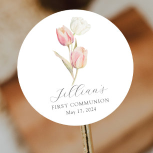 Graceful Tulip First Communion Classic Round Sticker