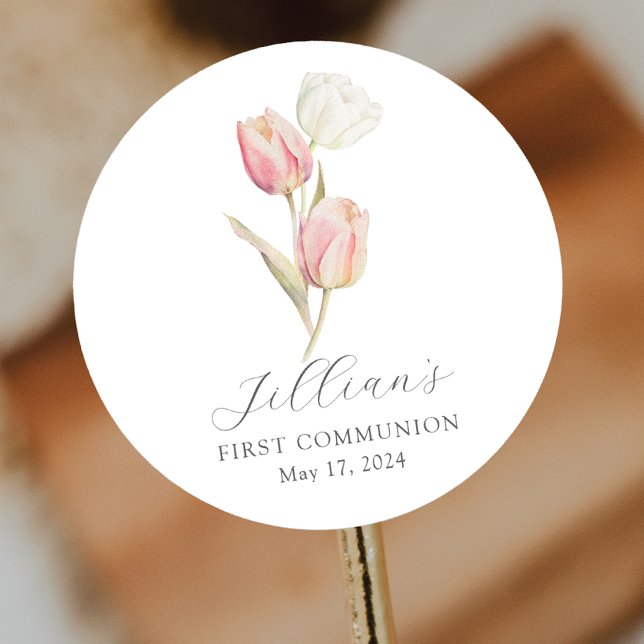 Graceful Tulip First Communion Classic Round Sticker (Creator Uploaded)