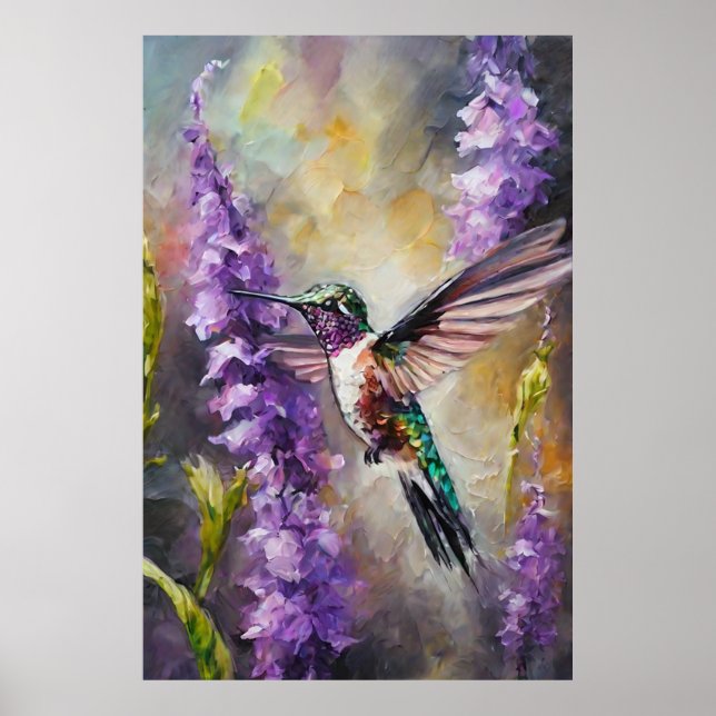 Graceful Watercolor Hummingbird Purple Garden Art Poster (Front)