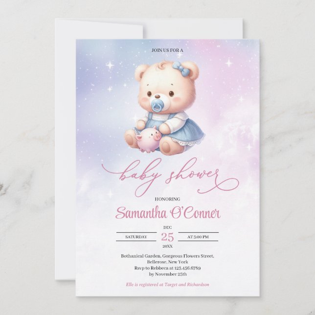 Graceful watercolor pastel pink purple baby bear invitation (Front)