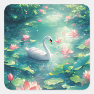 Graceful White Swan in Lily Pond Square Sticker