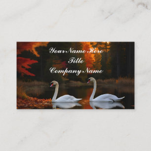 Graceful White Swans Gliding Across Autumn Pond Business Card