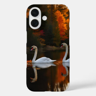 Graceful White Swans Gliding Across Autumn Pond iPhone 16 Case