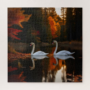 Graceful White Swans Gliding Across Autumn Pond Jigsaw Puzzle