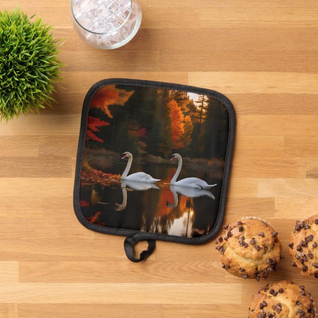 Graceful White Swans Gliding Across Autumn Pond Pot Holder (Top Down)