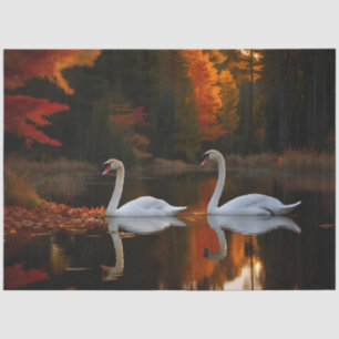 Graceful White Swans Gliding Across Autumn Pond Tissue Paper