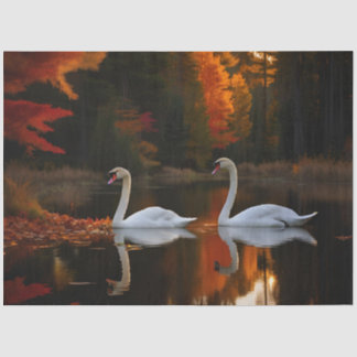 Graceful White Swans Gliding Across Autumn Pond Tissue Paper
