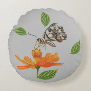 "Graceful Wings: A Butterfly in Bloom Round Cushion
