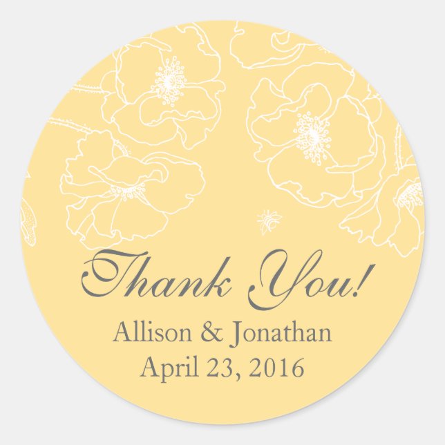 Graceful Yellow Poppy Floral Thank You Wedding Classic Round Sticker (Front)