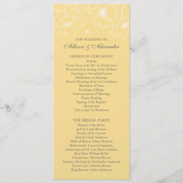 Graceful Yellow Poppy Floral Wedding Program Programme (Front)