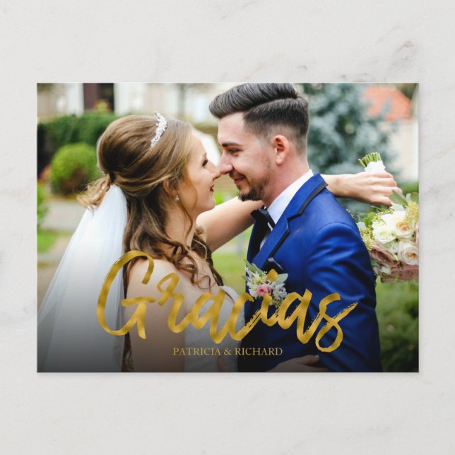 Gracias Gold Foil Script Wedding Thank You Photo Postcard (Front)
