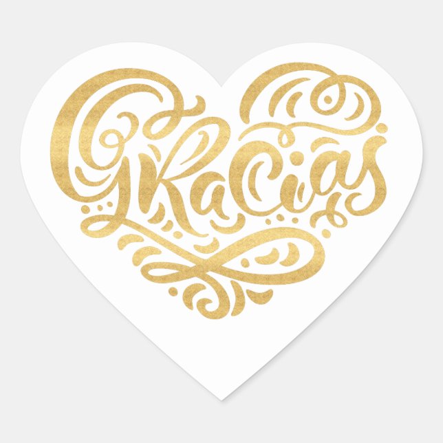 Gracias Modern Gold Cursive Script Typography Heart Sticker (Front)