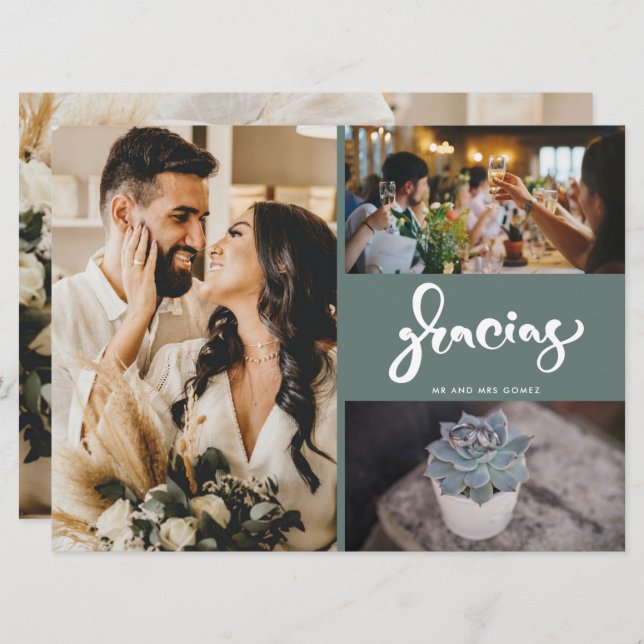 Gracias Photo Collage Green Wedding Thank You (Front/Back)