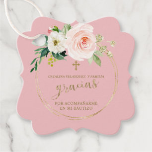 Gracias Pink Blush Floral Gold Cross Bautizo Favour Tags