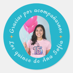 Gracias por acompañarnos quinceañera con foto classic round sticker