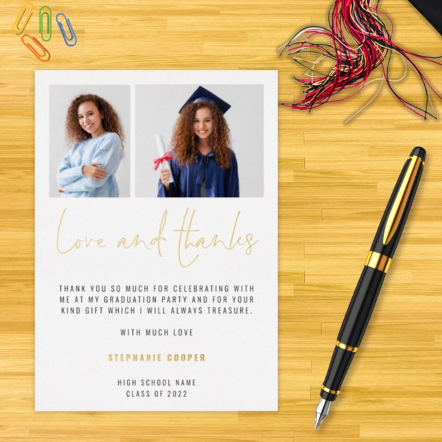 Grad 2022 2 Photos Gold Real Foil Thank You Card (Creator Uploaded)